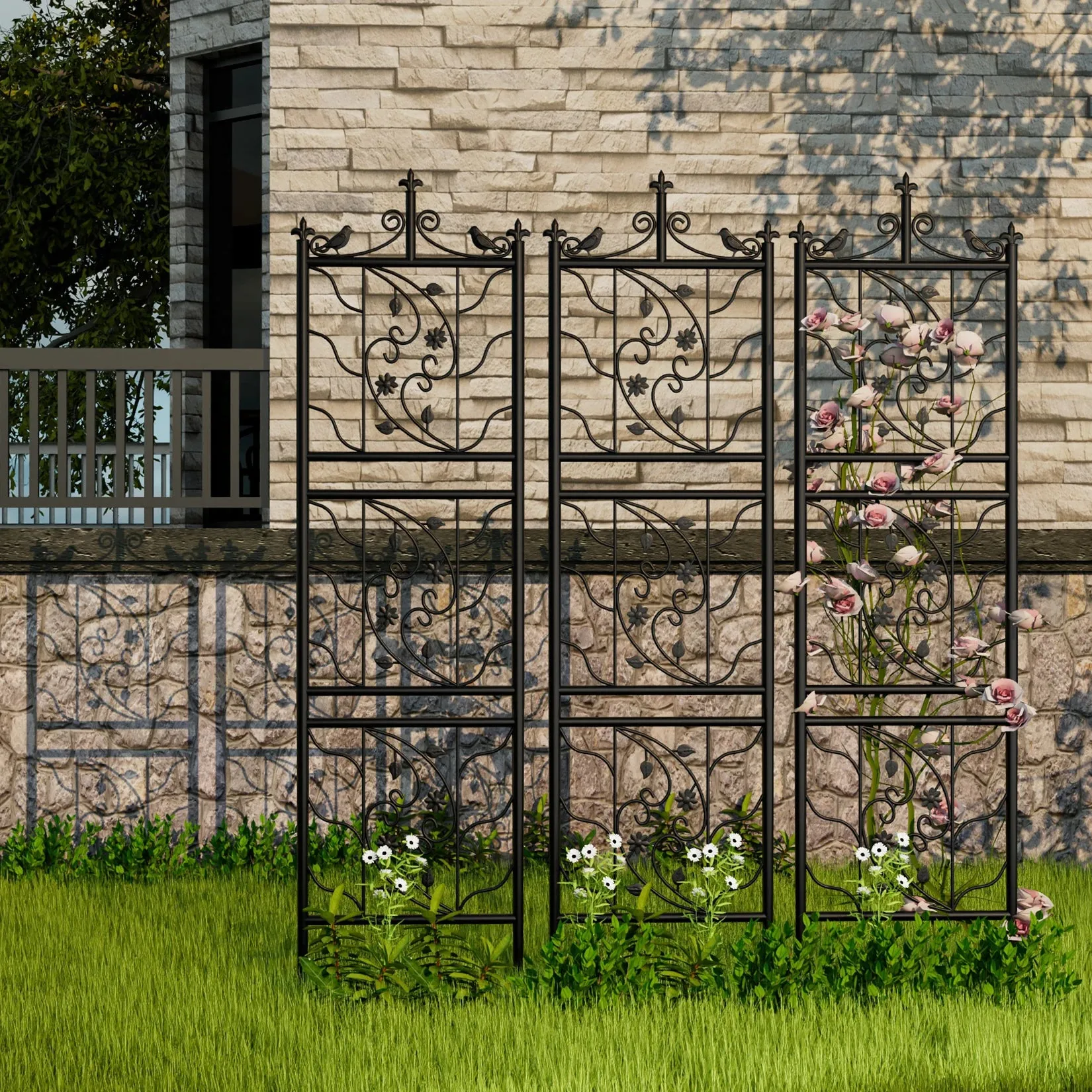2 Piece Metal Garden Trellis Bird Leaf Design