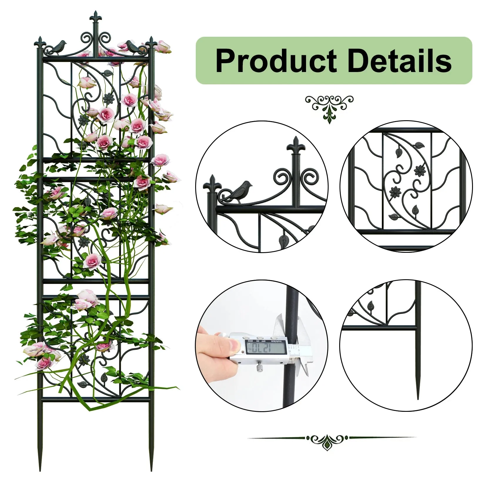 2 Piece Metal Garden Trellis Bird Leaf Design