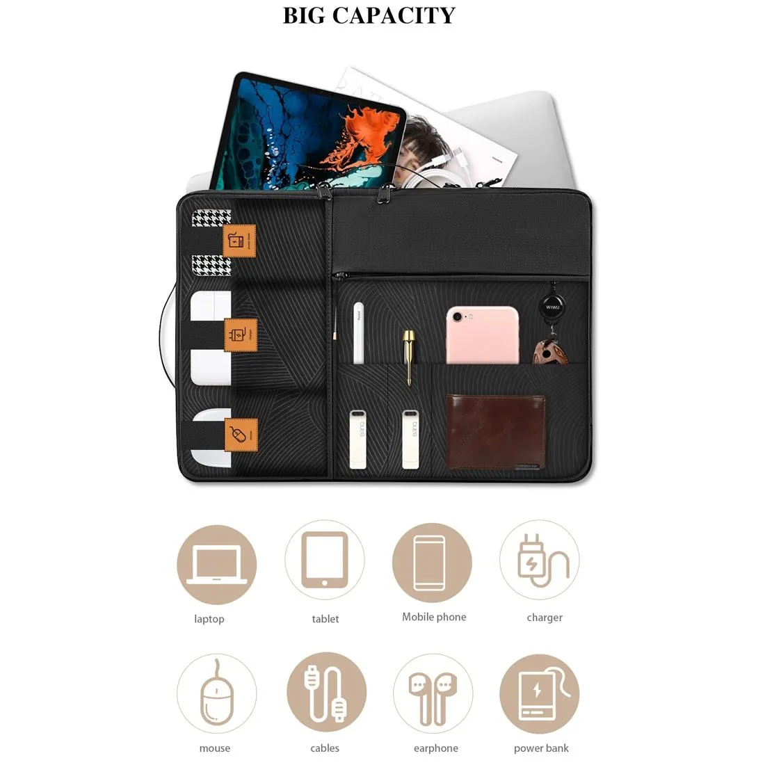Alpha Nylon Double Layer Travel Carrying Storage Bag Sleeve Case for 14 Inch Laptop Black