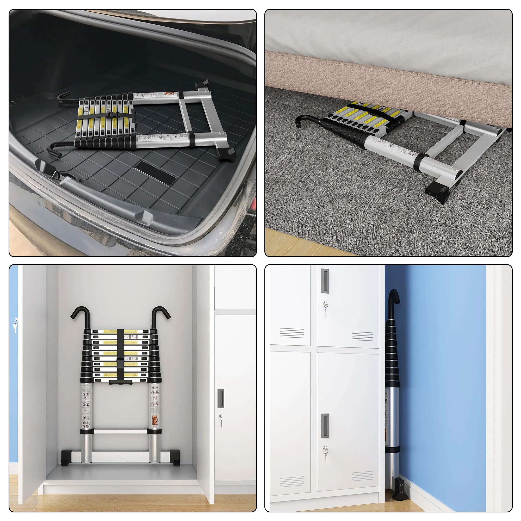 gymount Telescopic Ladder 4.1M/13.5FT Aluminium Extension Ladder with Stabilizer Bar & Detachable Hooks, Multi Purpose Extendable Loft Ladder Portable Folding Ladder, 14 Steps, Max Load 150kg, EN131