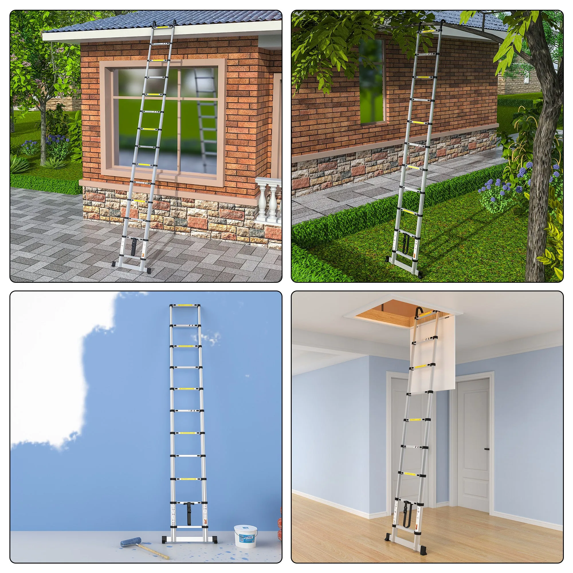gymount Telescopic Ladder 4.1M/13.5FT Aluminium Extension Ladder with Stabilizer Bar & Detachable Hooks, Multi Purpose Extendable Loft Ladder Portable Folding Ladder, 14 Steps, Max Load 150kg, EN131