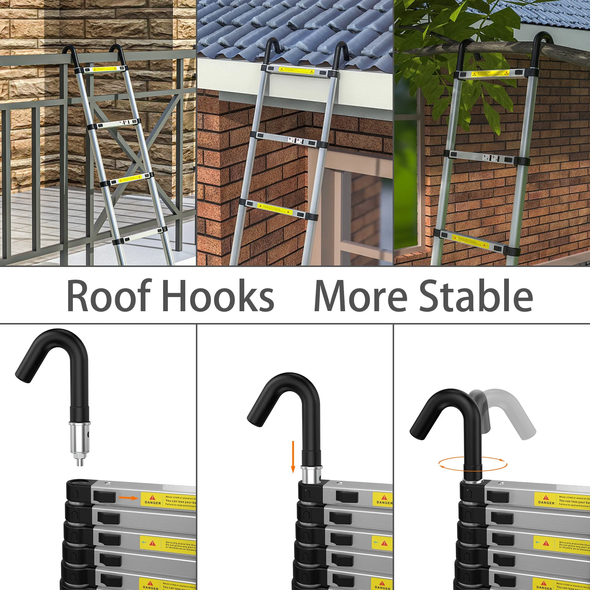 gymount Telescopic Ladder 4.1M/13.5FT Aluminium Extension Ladder with Stabilizer Bar & Detachable Hooks, Multi Purpose Extendable Loft Ladder Portable Folding Ladder, 14 Steps, Max Load 150kg, EN131