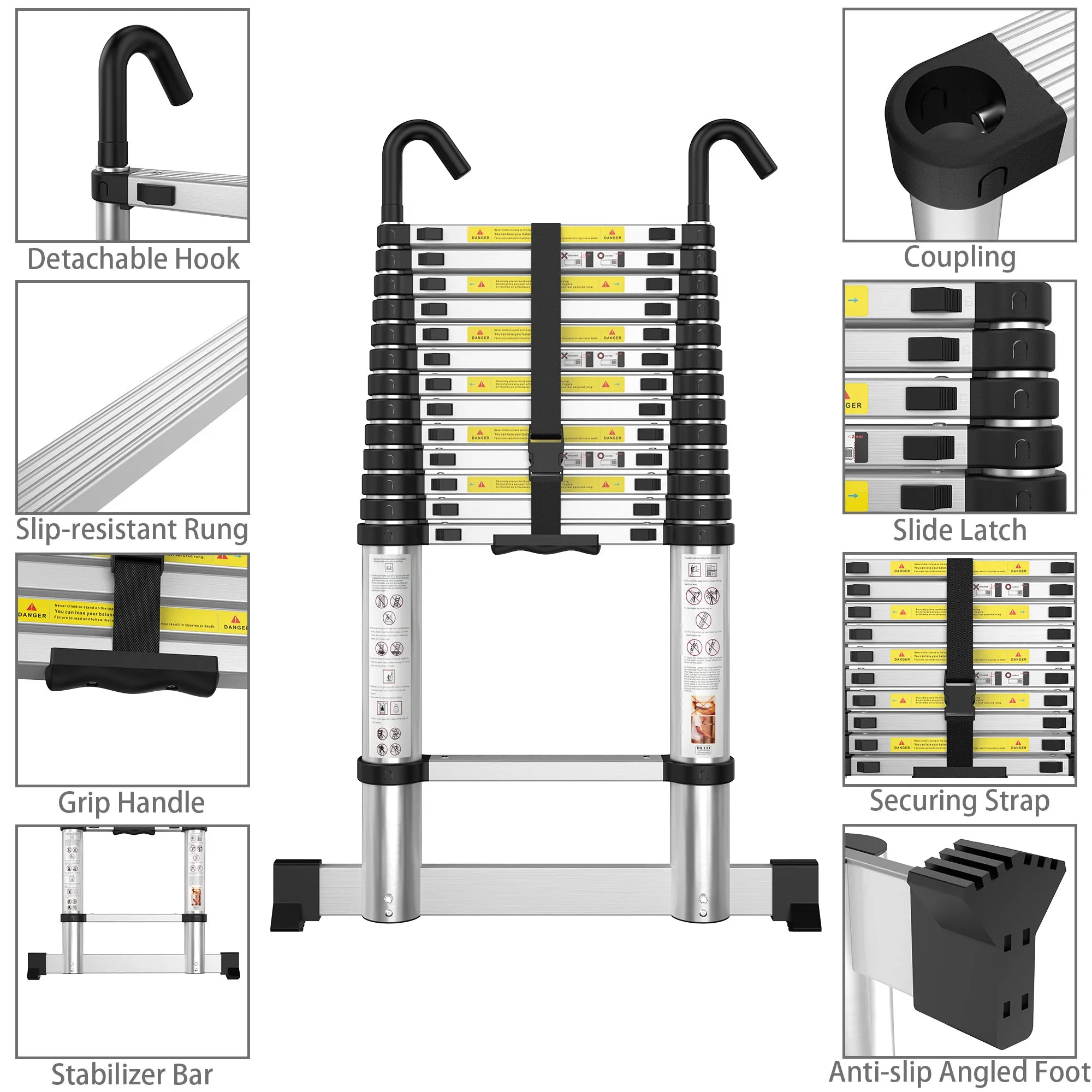 gymount Telescopic Ladder 4.1M/13.5FT Aluminium Extension Ladder with Stabilizer Bar & Detachable Hooks, Multi Purpose Extendable Loft Ladder Portable Folding Ladder, 14 Steps, Max Load 150kg, EN131